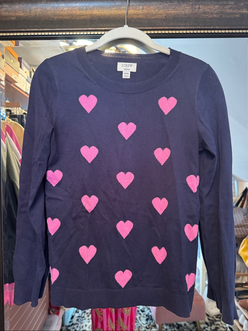 J. Crew Navy Sweater with Pink Heart Motif